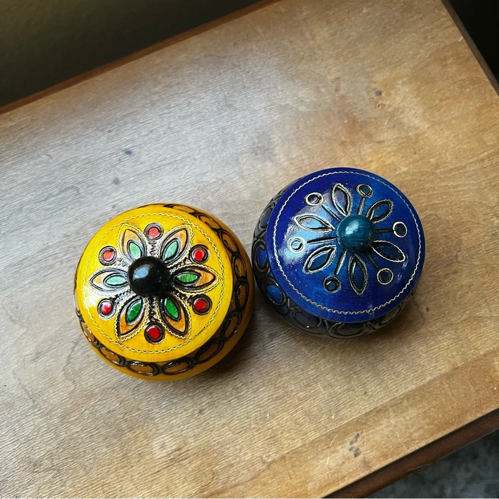 Hand Painted Handmade Lacquer Wooden Trinket Jewelry Box Set with Lid Folk Art